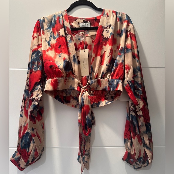 ACOA red & tan holiday dinner date cropped tie long sleeve blouse sexy NWT M - Picture 9 of 15